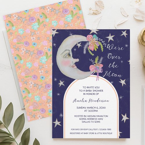 Over the Moon Stars Floral Peach Navy Baby Shower Invitation