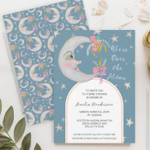 Over the Moon Stars Floral Peach Teal Baby Shower