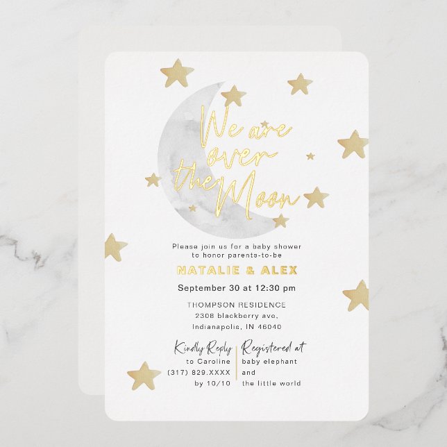 Over The Moon & Stars Gender Neutral Baby Shower Foil Invitation (Front/Back)