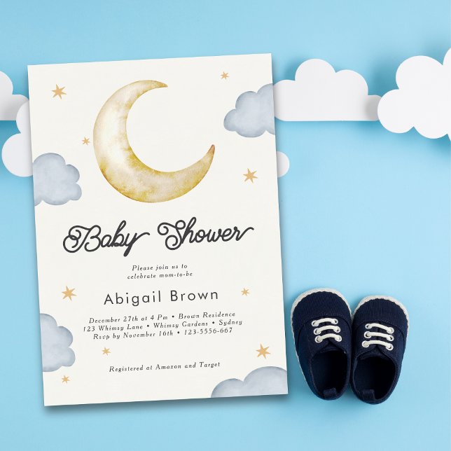Over the moon stars gender neutral baby shower invitation (Creator Uploaded)