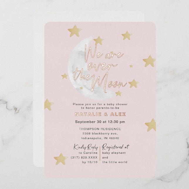 Over The Moon & Stars Girl Baby Shower Foil Foil Invitation (Front/Back)