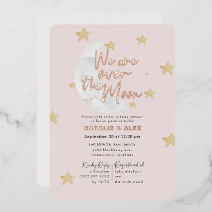 Over The Moon & Stars Girl Baby Shower Foil Invitation