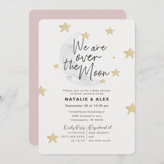 Over The Moon & Stars Girl Baby Shower Invitation (Front/Back)