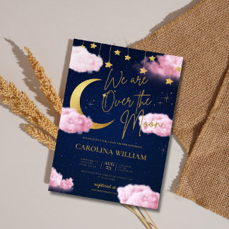 Over the Moon stars pink baby shower Invitation
