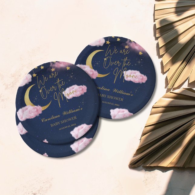 Over the Moon stars pink baby shower Paper Plates (Creator Uploaded)