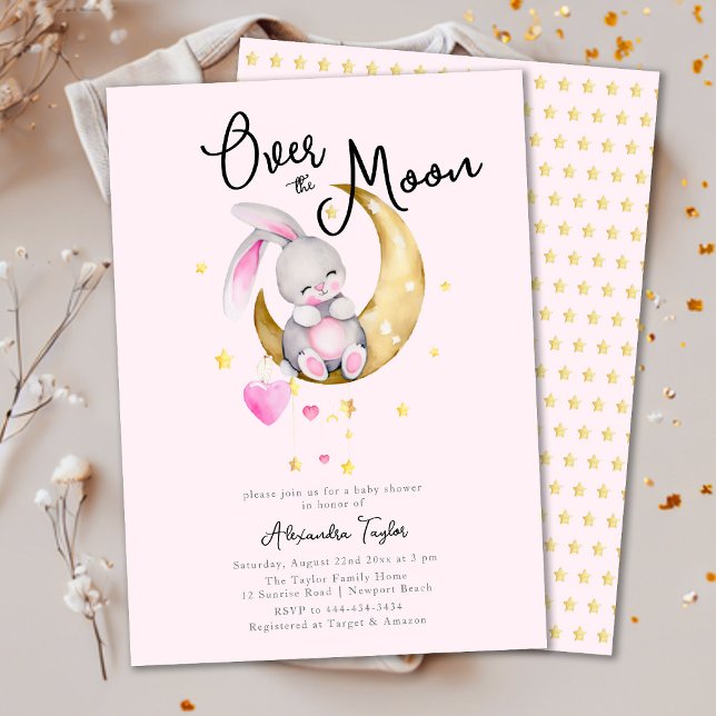 Over the Moon Stars Rabbit Pink Girl Baby Shower Invitation (Creator Uploaded)