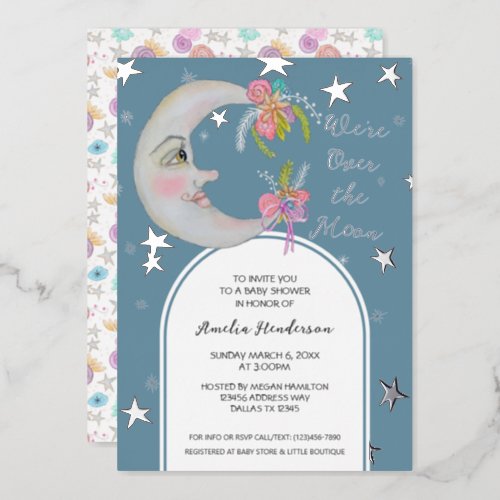 Over the Moon Stars Teal Blue Floral Baby Shower Foil Invitation