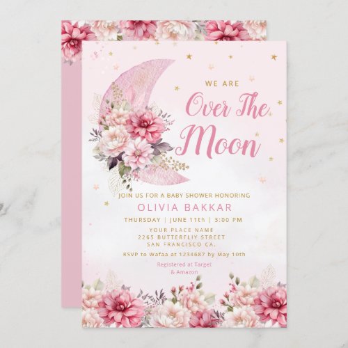 Over The Moon  Stars Watercolor Girl Baby Shower  Invitation