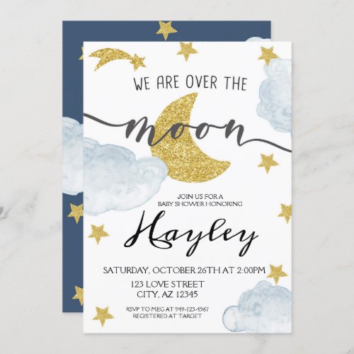 Over the Moon Steel Blue Boys Baby Shower Invitation