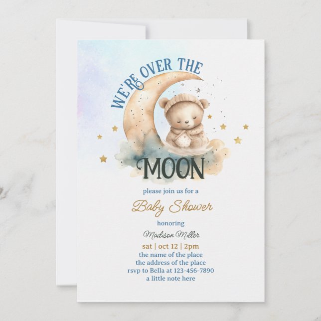 Over The Moon Teddy Bear Baby Boy Shower Invitation (Front)