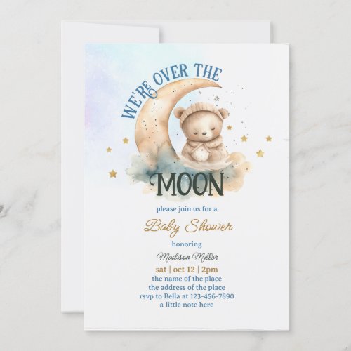 Over The Moon Teddy Bear Baby Boy Shower Invitation