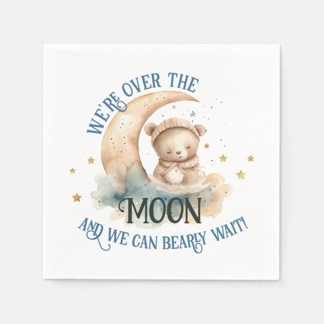Over The Moon Teddy Bear Baby Boy Shower Napkins (Front)