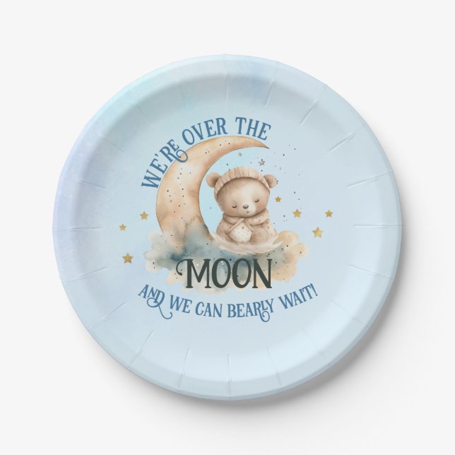 Over The Moon Teddy Bear Baby Boy Shower Paper Plates (Front)