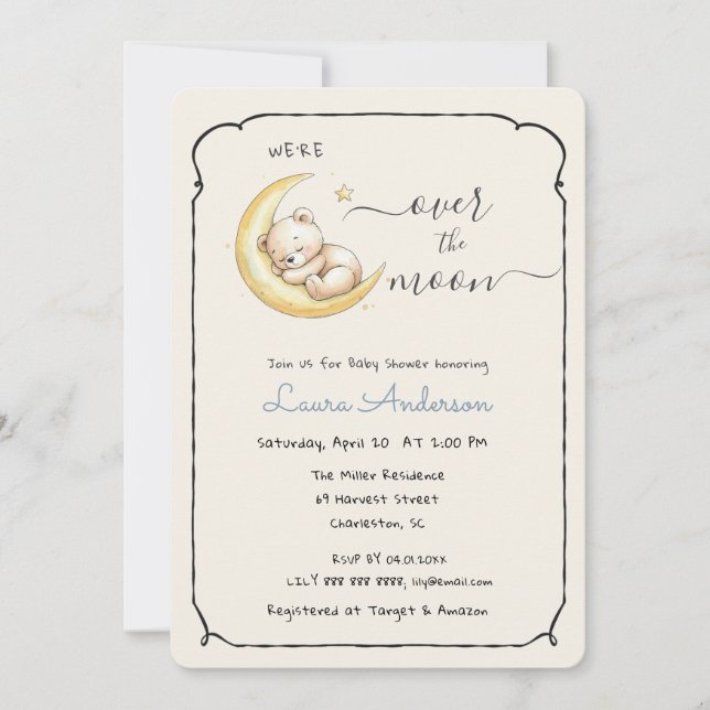 Over The Moon Teddy Bear Baby shower Invitation (Front)