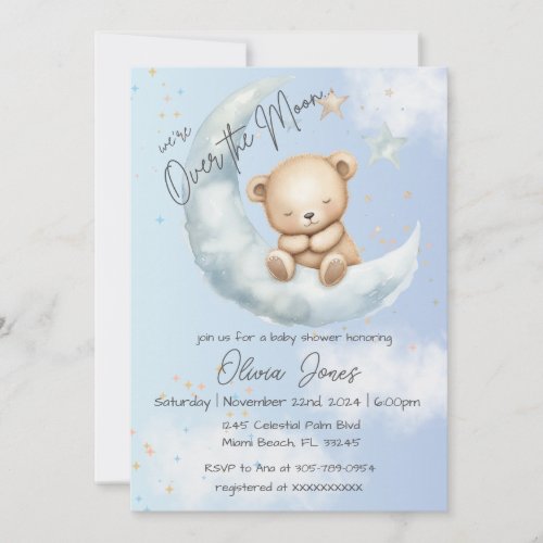 Over the Moon Teddy Bear Baby Shower Invitation