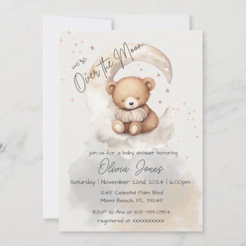 Over the Moon Teddy Bear Baby Shower Invitation