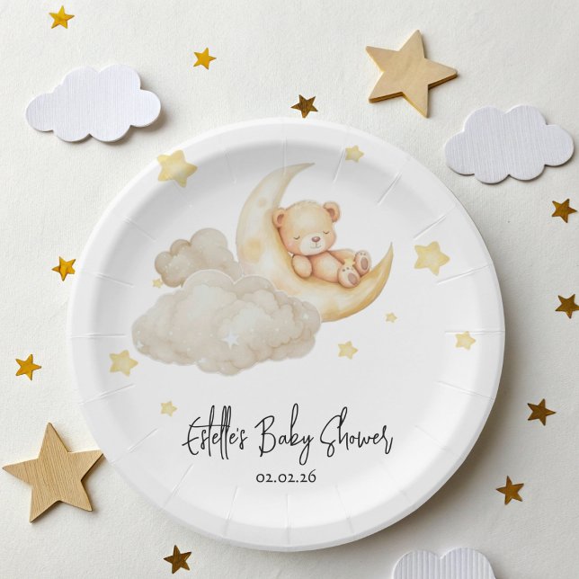 Over The Moon Teddy Bear Baby Shower Paper Plates (Creator Uploaded)