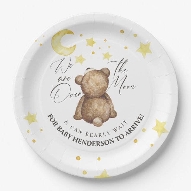 Over The Moon Teddy Bear Baby Shower Paper Plates (Front)