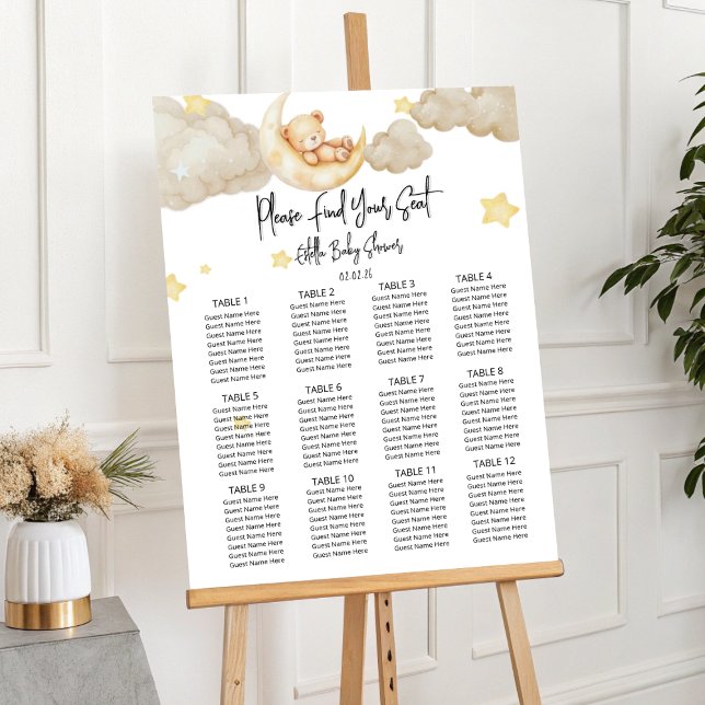 Over The Moon Teddy Bear Baby Shower Seating Chart Foam Board (Creator Uploaded)
