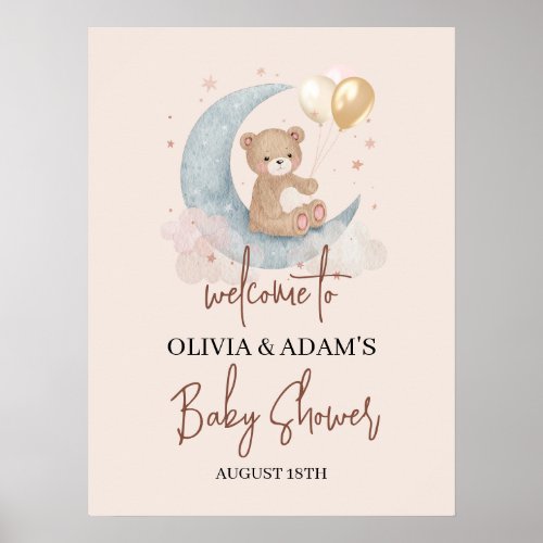 Over The Moon Teddy Bear Baby Shower Welcome Sign