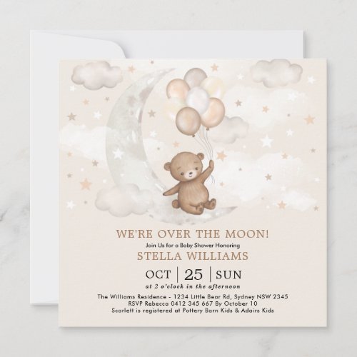Over the Moon Teddy Bear Balloons Baby Shower Invitation