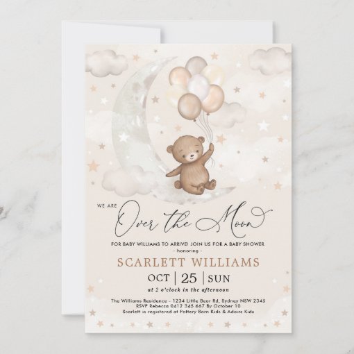 Over the Moon Teddy Bear Balloons Baby Shower Invitation | Zazzle