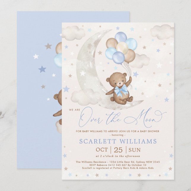 Over the Moon Teddy Bear Balloons Boy Baby Shower Invitation (Front/Back)