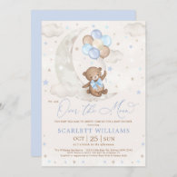 Over the Moon Teddy Bear Balloons Boy Baby Shower Invitation