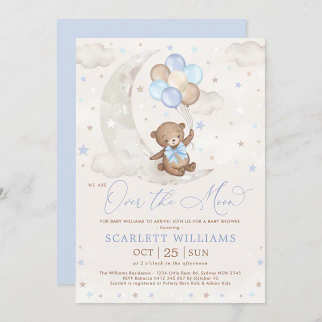 Over the Moon Teddy Bear Balloons Boy Baby Shower Invitation | Zazzle