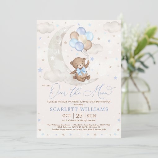 Over the Moon Teddy Bear Balloons Boy Baby Shower Invitation | Zazzle