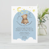 Over The Moon Teddy Bear Dusty Blue Baby Shower Invitation (Standing Front)