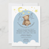 Over The Moon Teddy Bear Dusty Blue Baby Shower Invitation (Front)