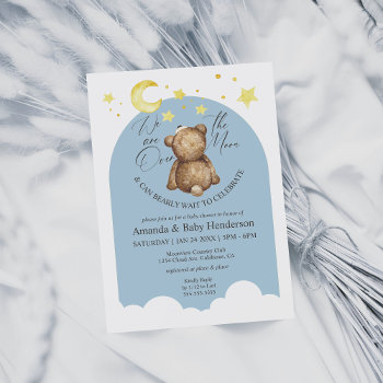 Over The Moon Teddy Bear Dusty Blue Baby Shower Invitation by DBDM_Creations at Zazzle