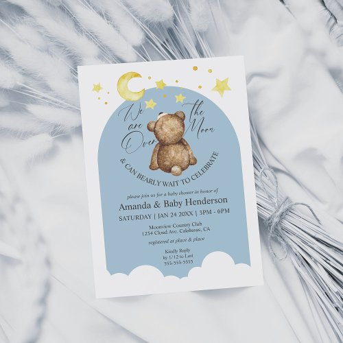 Over The Moon Teddy Bear Dusty Blue Baby Shower Invitation