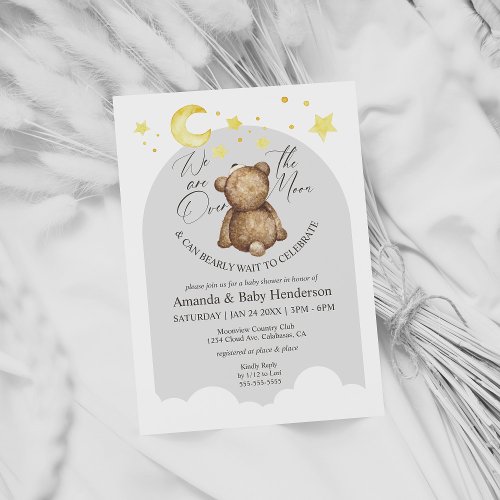 Over The Moon Teddy Bear Gray Baby Shower Invitation