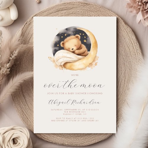 Over the Moon Teddy Bear Neutral Boho Baby Shower Invitation