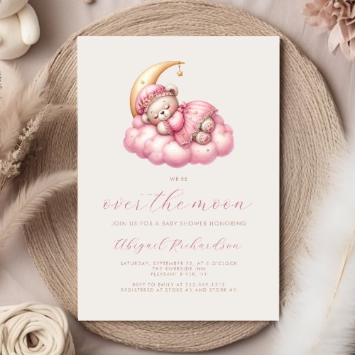 Over the Moon Teddy Bear Pink Girl Baby Shower Invitation