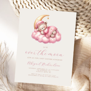 Over the Moon Teddy Bear Pink Girl Baby Shower Postcard