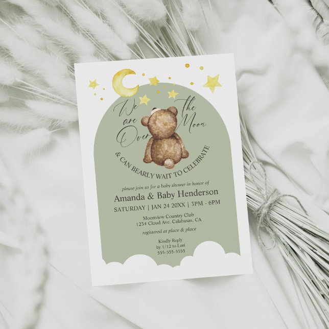 Over The Moon Teddy Bear Sage Green Baby Shower Invitation (Creator Uploaded)