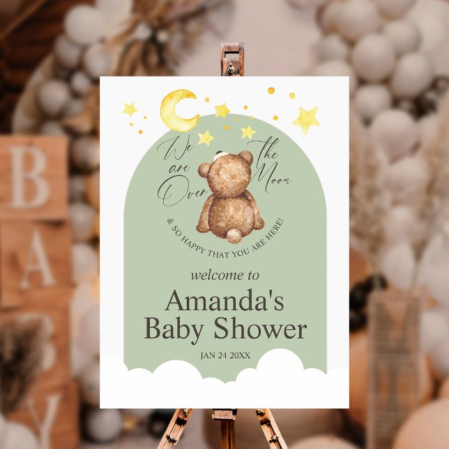 Over The Moon Teddy Bear Sage Green Welcome Sign (Creator Uploaded)
