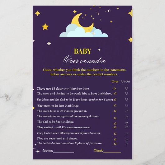 Over the moon theme baby shower over or under game (Front)