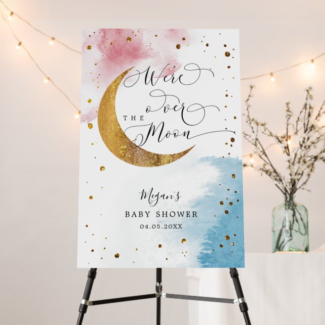 Over The Moon Twins Baby Shower Welcome Sign (In Situ (Stand))
