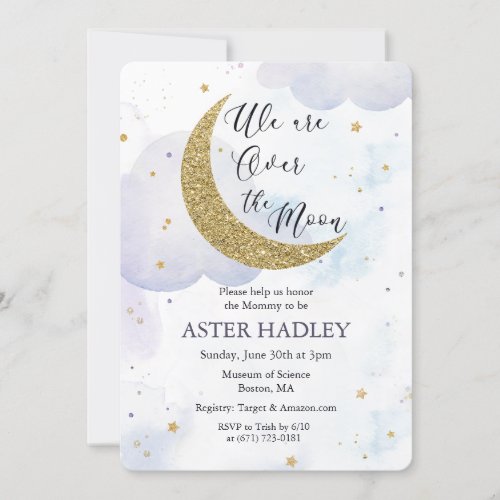 Over the Moon Watercolor Baby Shower Invitation