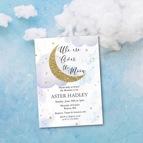 Over the Moon Watercolor Baby Shower Invitation