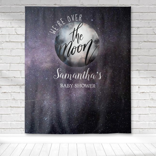 Over the Moon Watercolor Baby Shower Tapestry (We are over the moon celestial baby shower with a watercolor moon and a purple galaxy backdrop.)