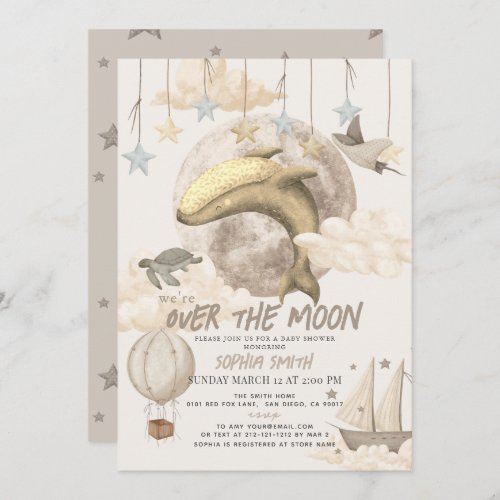 Over the Moon Whale Boho Baby Shower Invitation