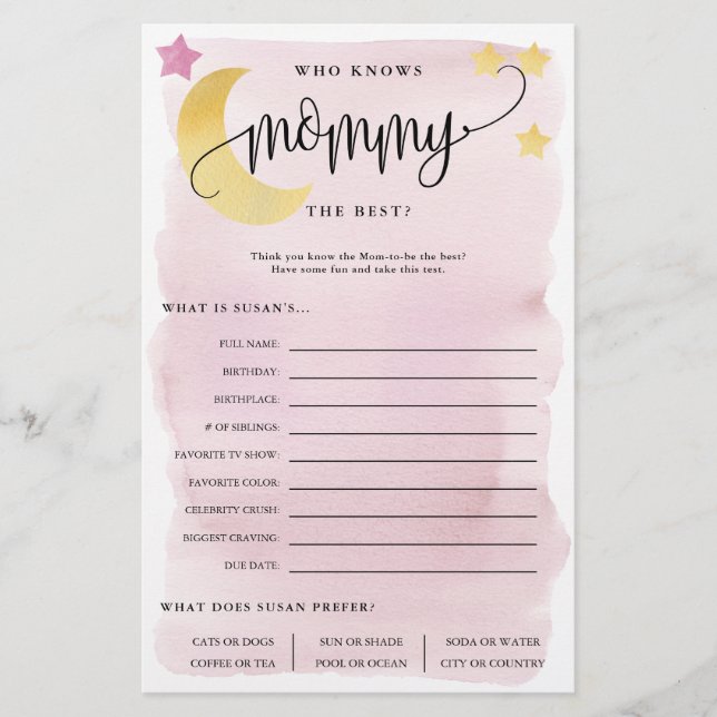 Over the Moon Who Knows Mom Pink Paper Game Card (Front)