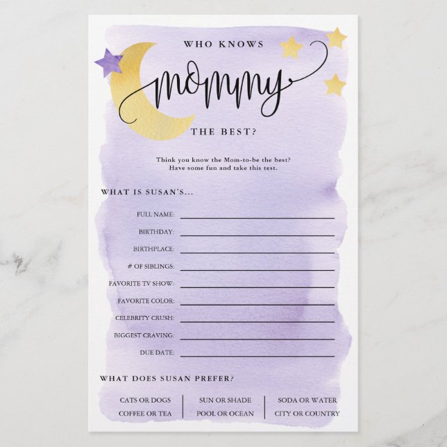 Over the Moon Who Knows Mom Purple Paper Game Card (Front)