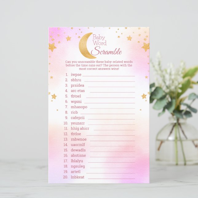 Over the Moon Word Scramble Baby Shower Game (Standing Front)