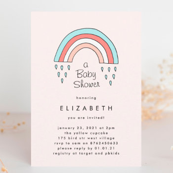 Over The Rainbow Girl Blush Pink Baby Shower Invitation by PhrosneRasDesign at Zazzle